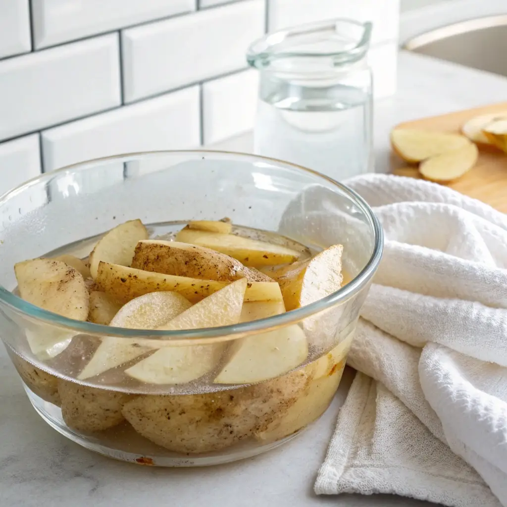 Soaking potato wedges in water to remove starch.