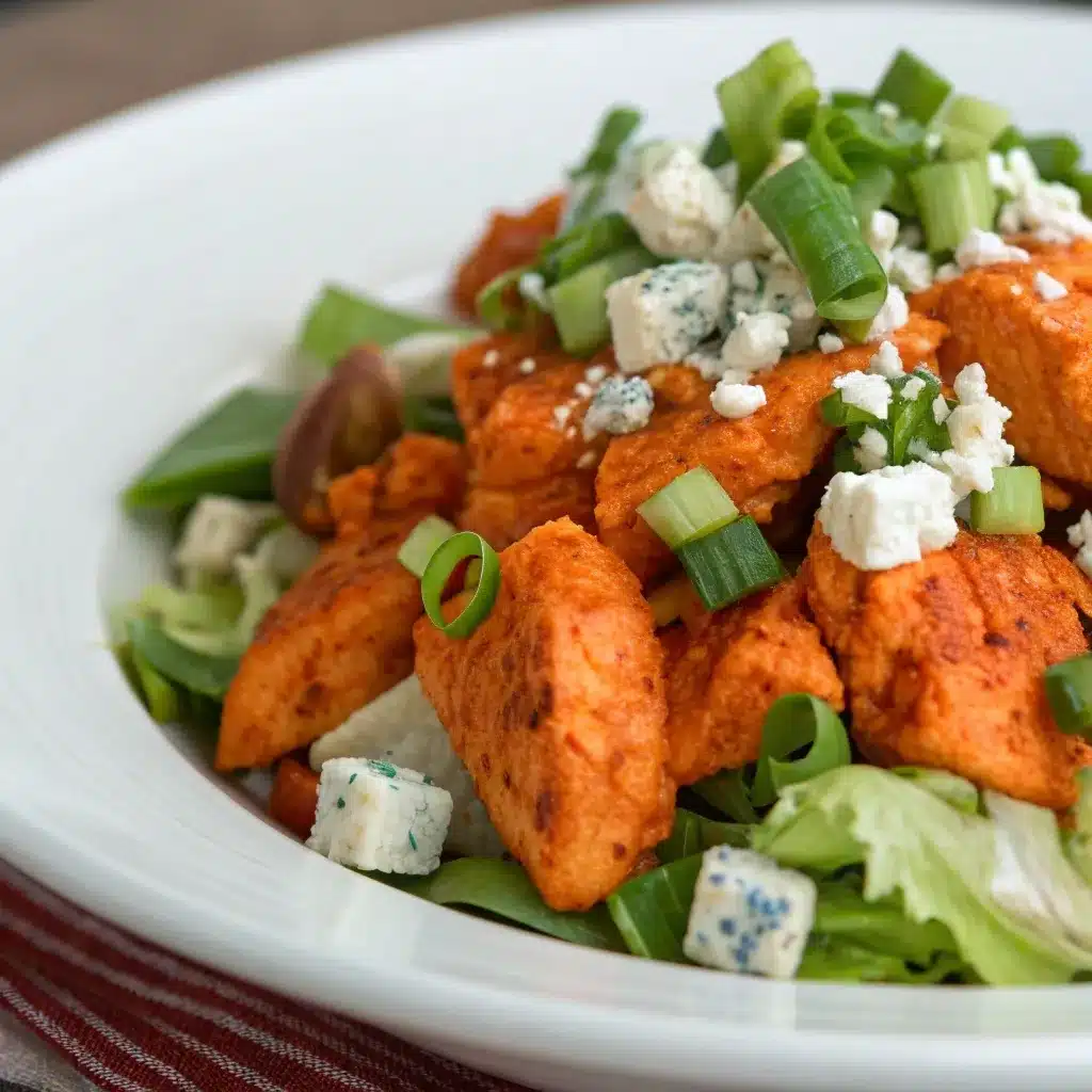Spicy buffalo version of high protein chicken salad with blue cheese.