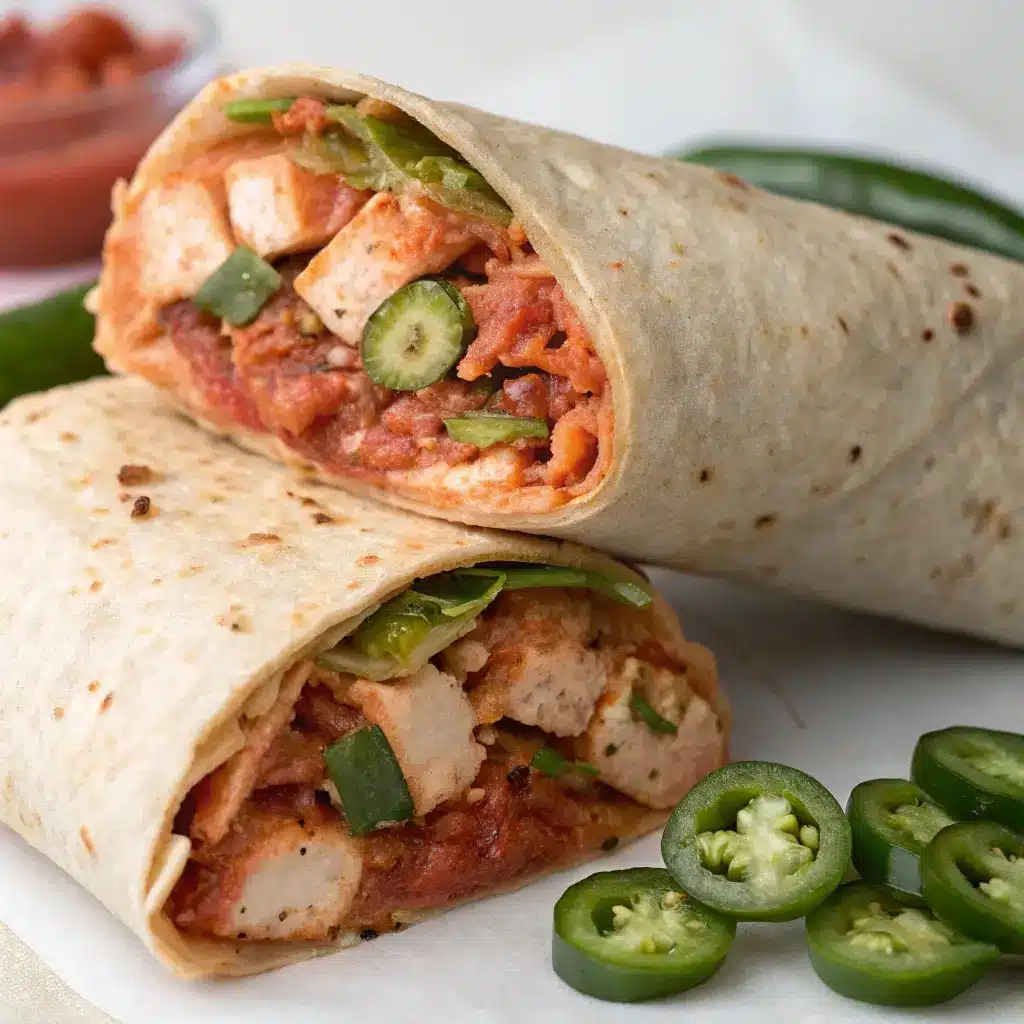 Spicy chicken caesar wrap with sriracha dressing and jalapeños.