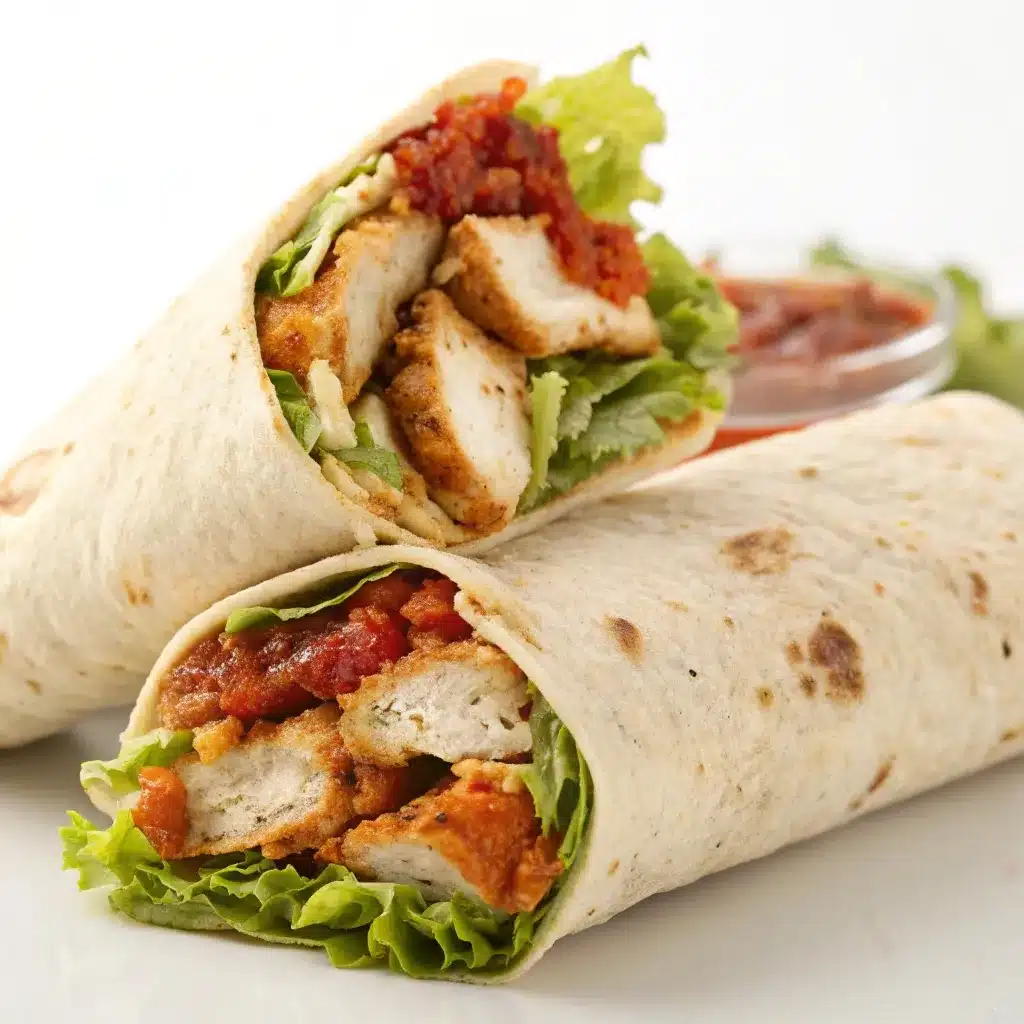 Spicy McChicken salad rolled into a tortilla wrap cut in half.