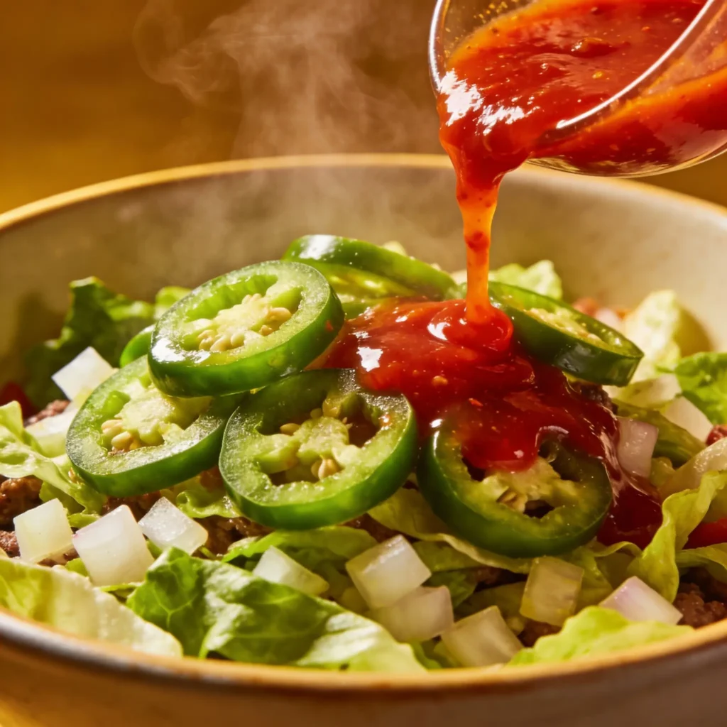 Spicy Big Mac salad topped with fresh jalapeños and Sriracha sauce.