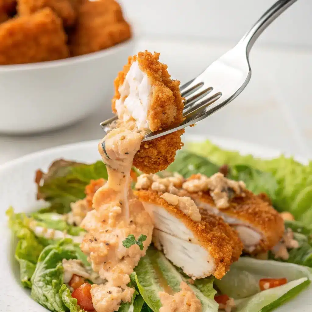 Fork holding a bite of spicy chicken salad with creamy dressing.