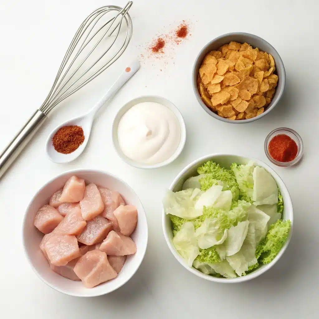 Ingredients for high protein chicken salad including cornflakes and greek yogurt.
