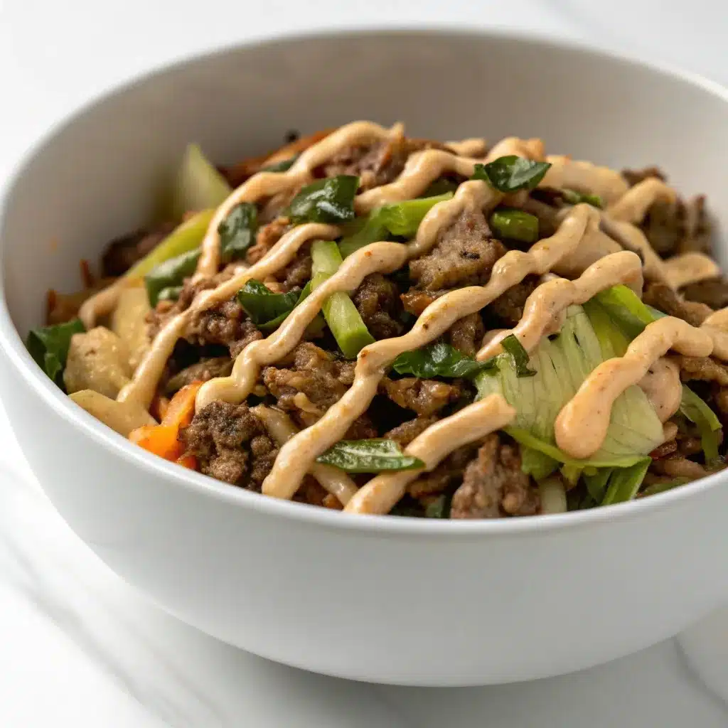 High protein egg roll in a bowl topped with spicy sriracha mayo drizzle.