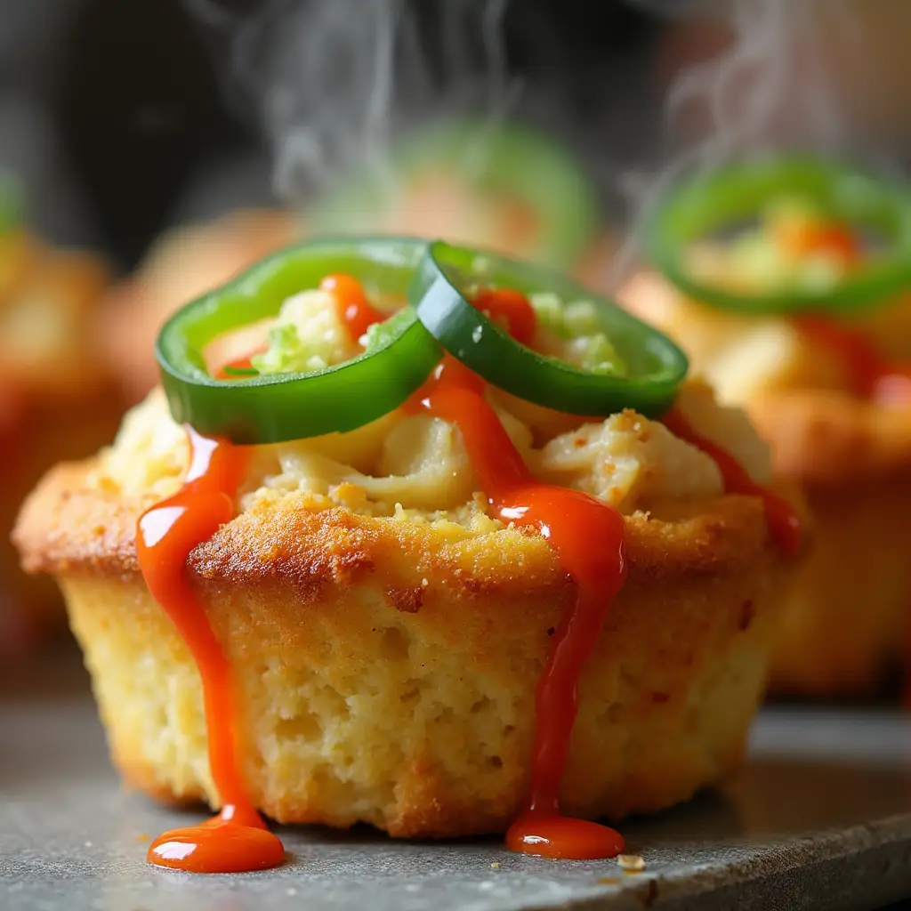 Spicy tuna melt cups topped with jalapeños and sriracha.