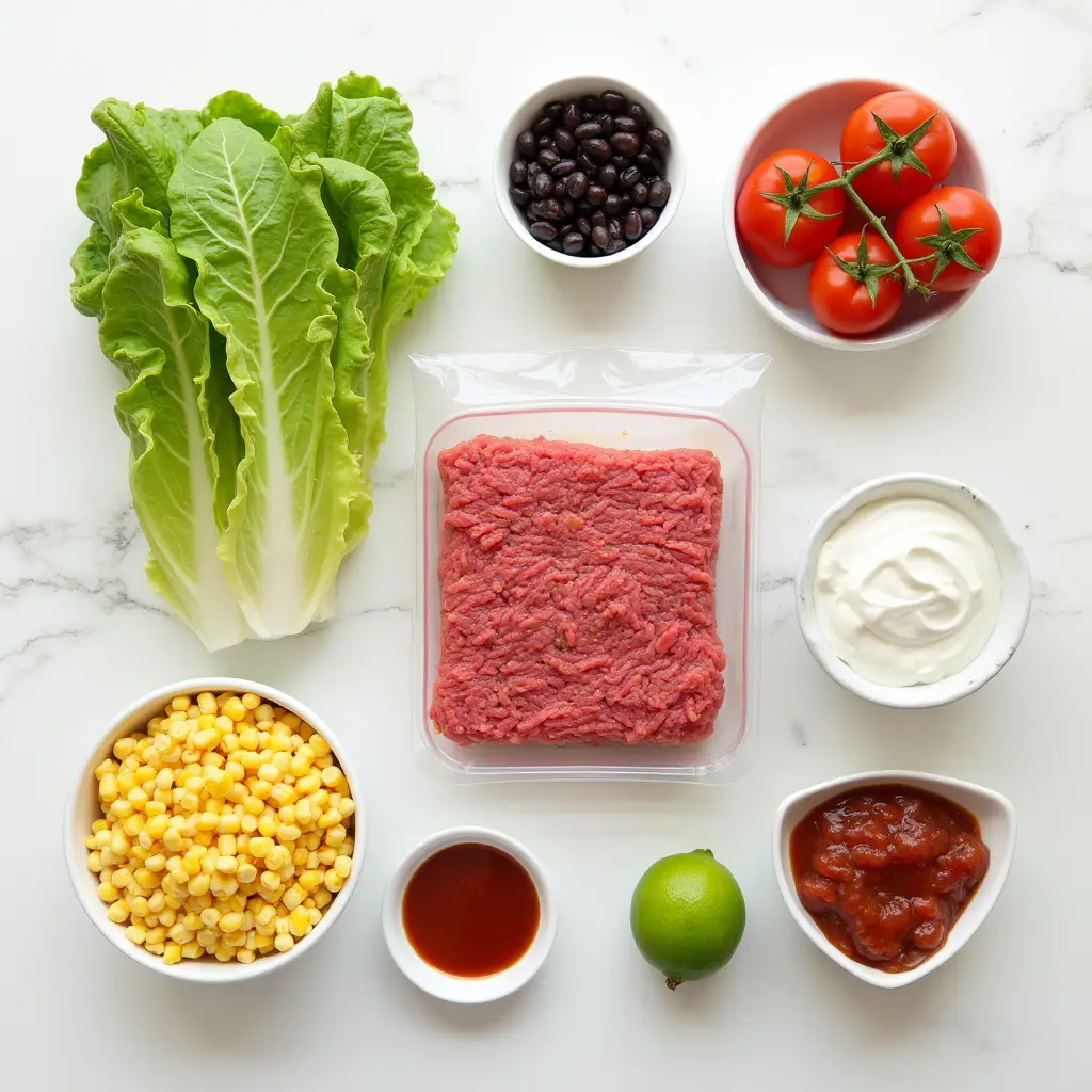 Ingredients for high protein taco salad bowl including lean beef and greek yogurt.