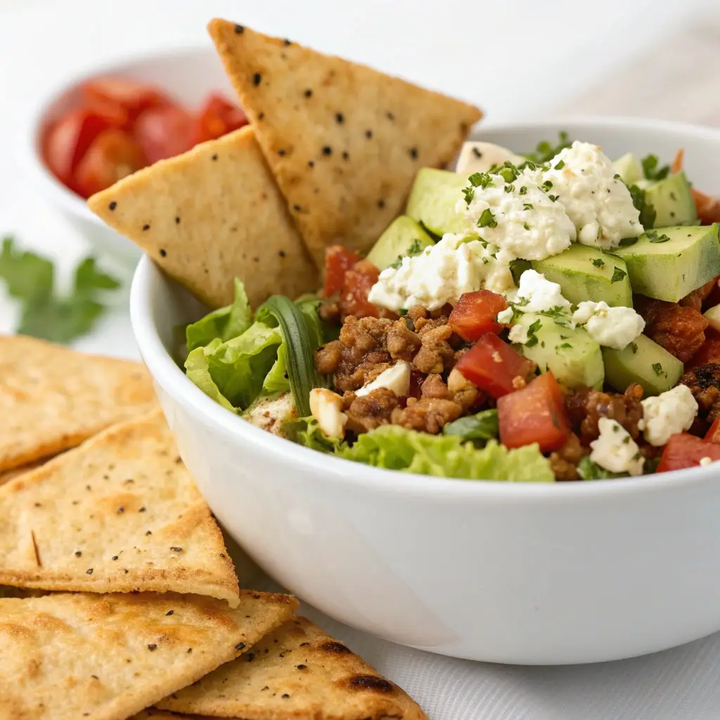 High protein taco salad served with cottage cheese flatbread chips.