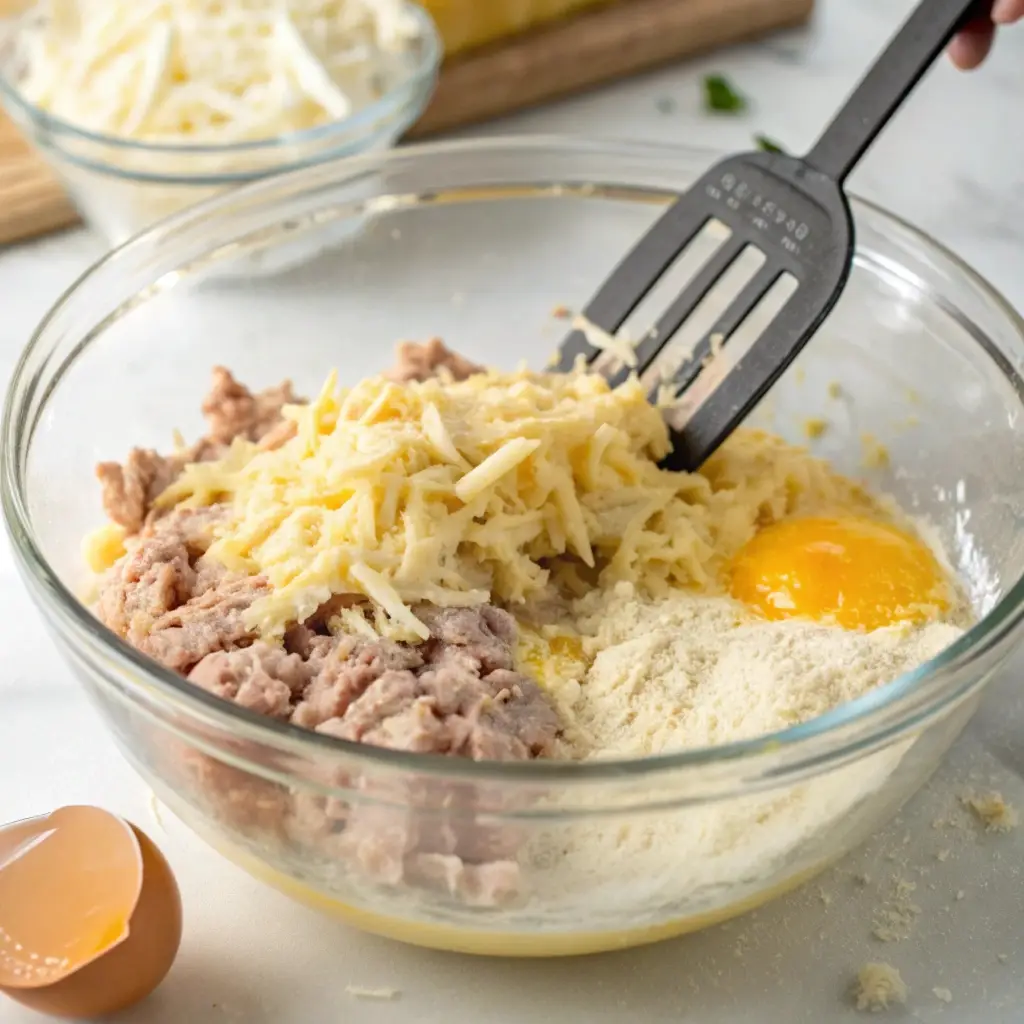 Mixing the batter for high protein tuna melt muffins with egg.