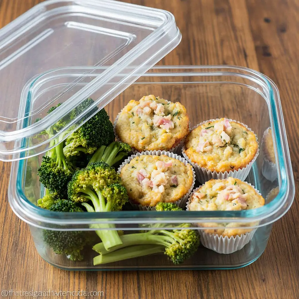 Tuna melt muffins packed in a meal prep container with broccoli.