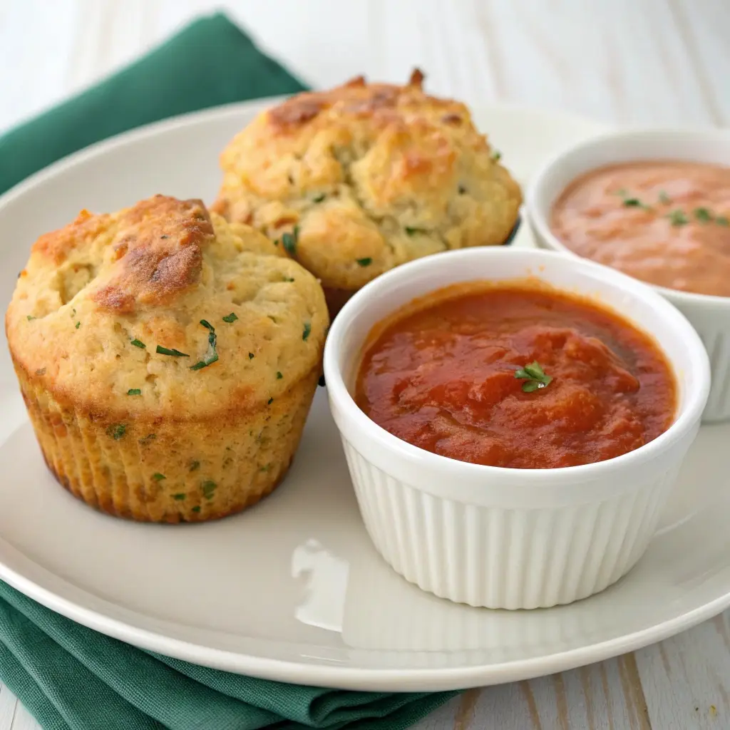 A savory tuna melt muffin plated next to spicy mayo sauce.