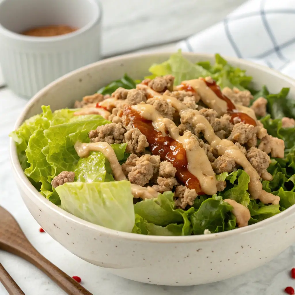 Big Mac salad variation using ground turkey instead of beef.