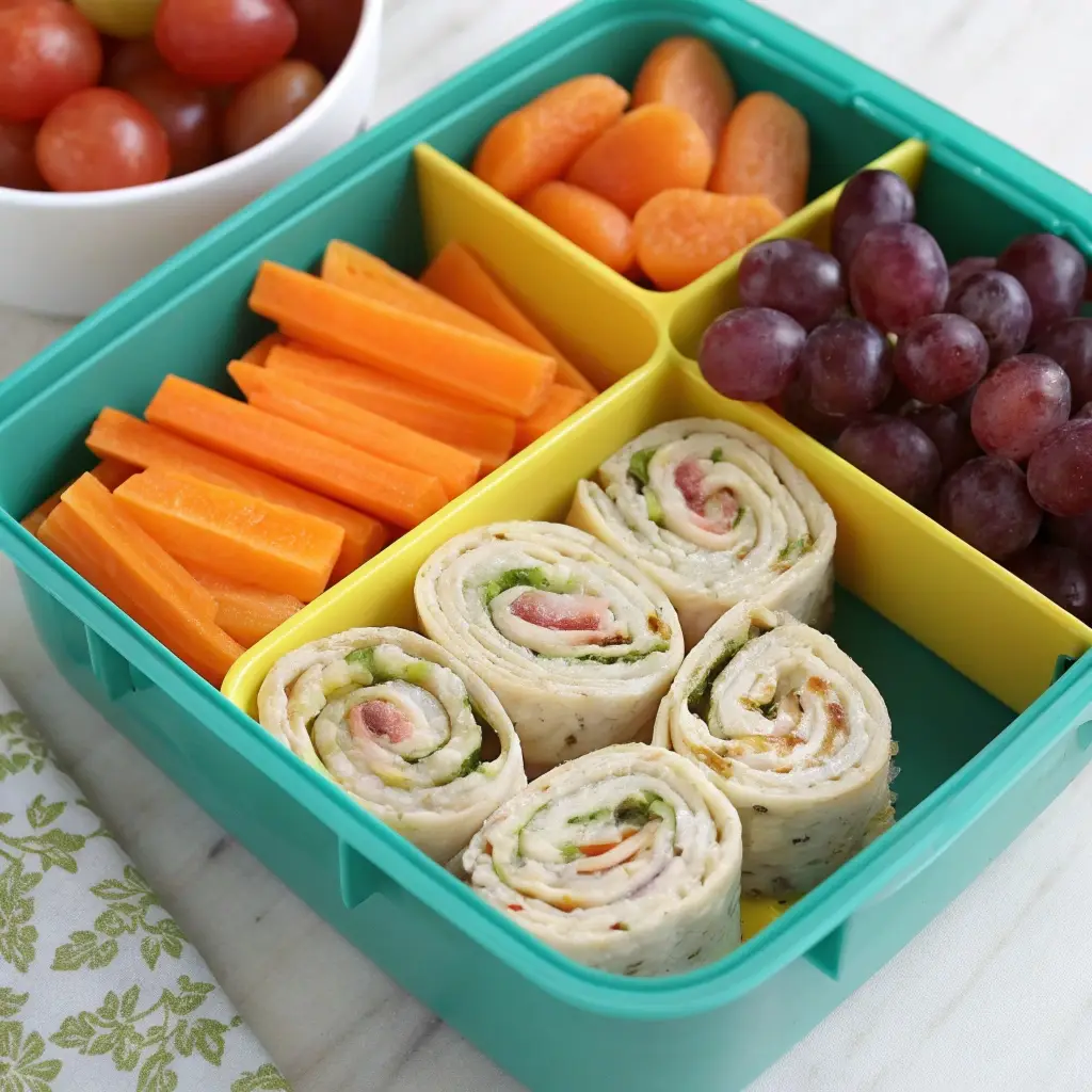 Bento box filled with turkey pinwheels, carrots, and grapes for meal prep.