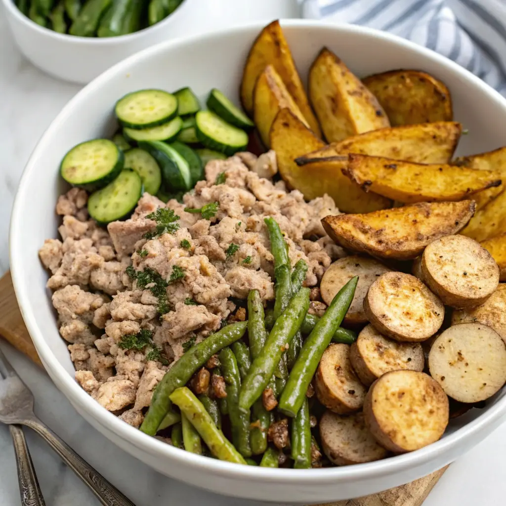 Low calorie burger bowl with ground turkey and roasted zucchini.
