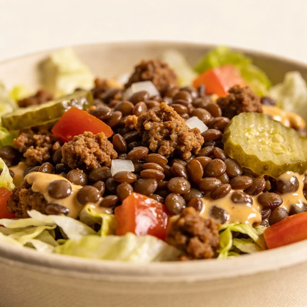 Vegetarian Big Mac salad made with savory lentils and meatless crumbles.