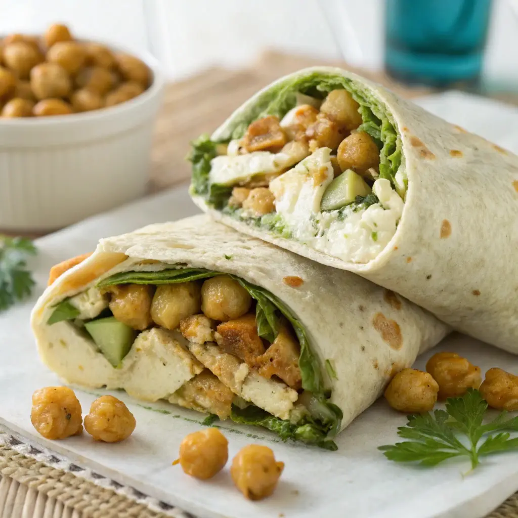 Vegetarian high protein wrap filled with roasted chickpeas and artichokes.