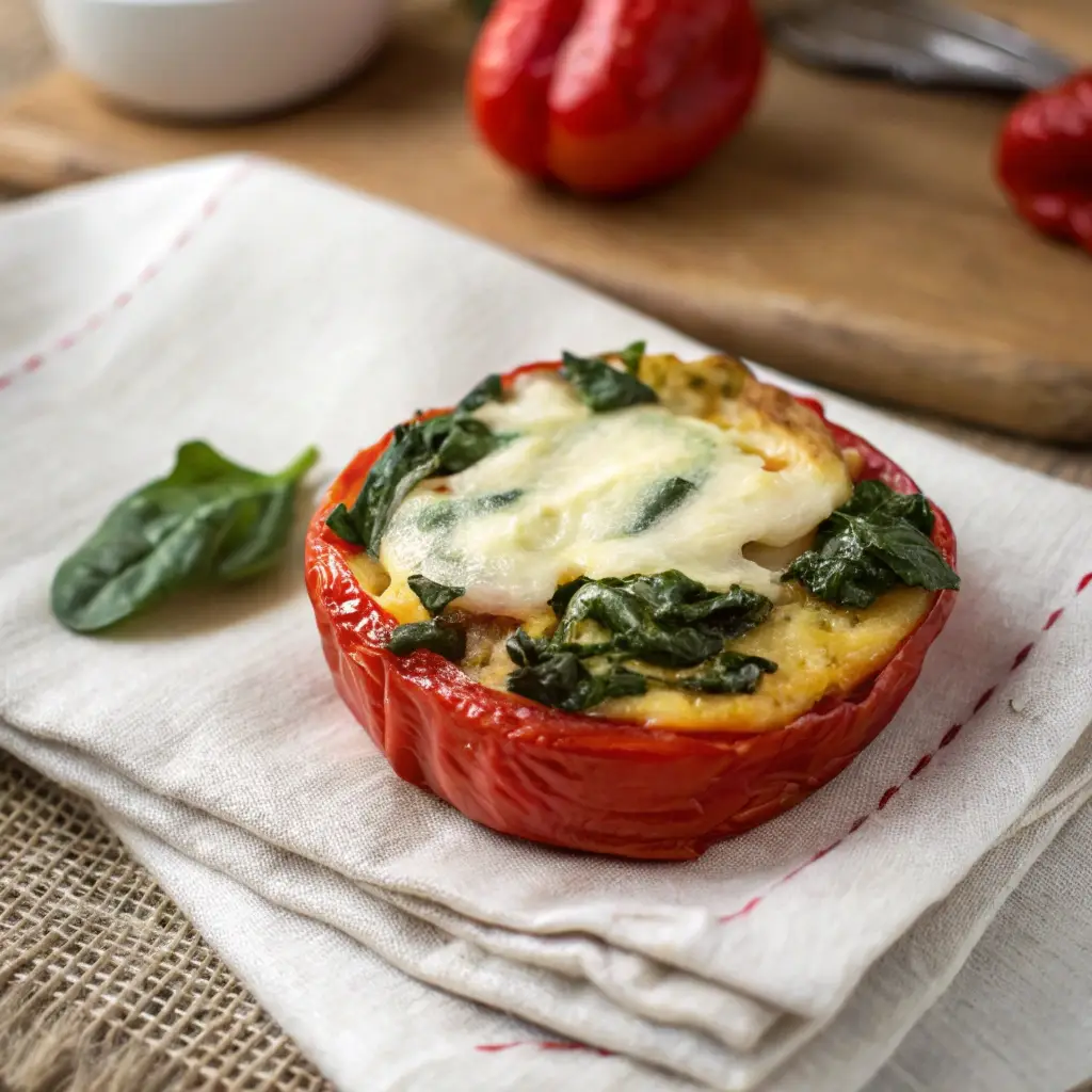 Vegetarian egg bite filled with roasted red peppers and spinach.