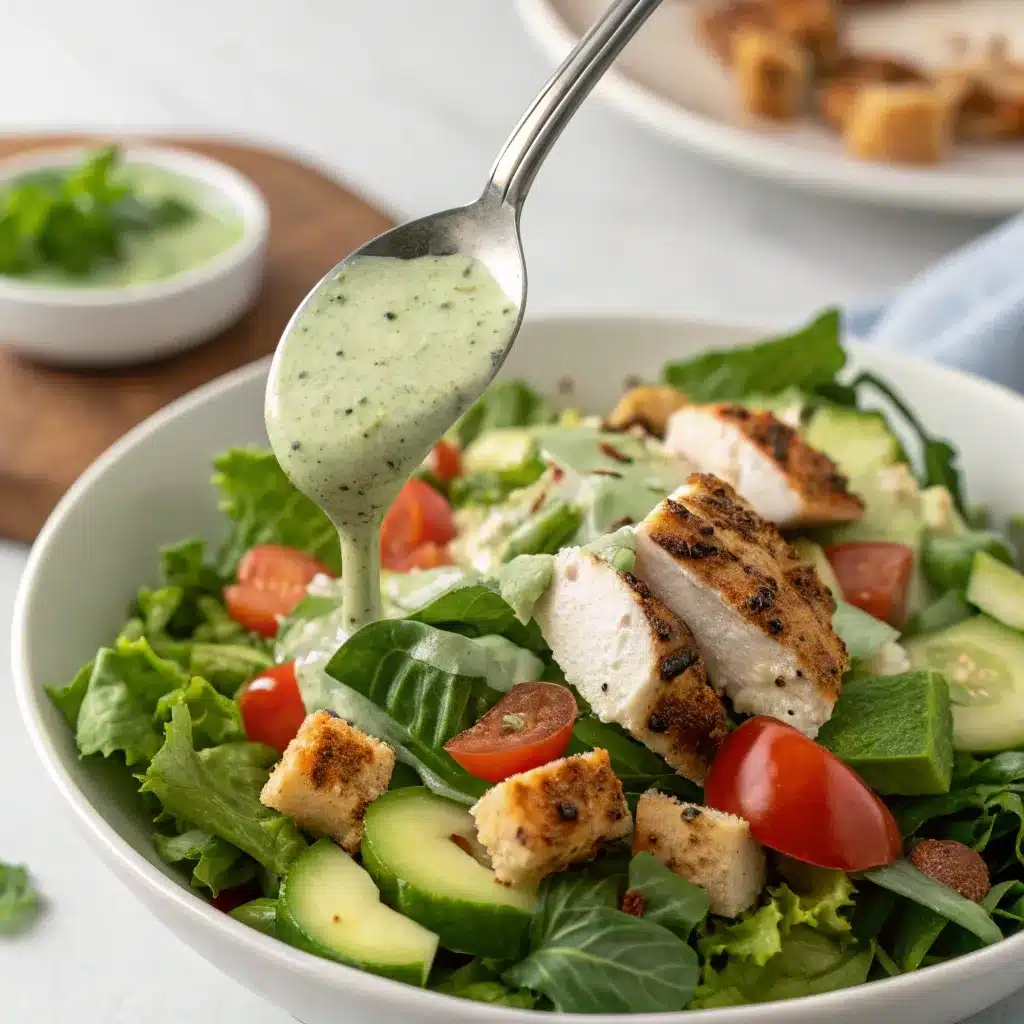 A perfect spoonful of the viral Green Goddess Salad recipe with chicken.
