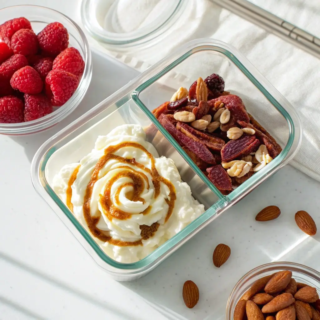 Whipped cottage cheese protein box with fruit and jerky.