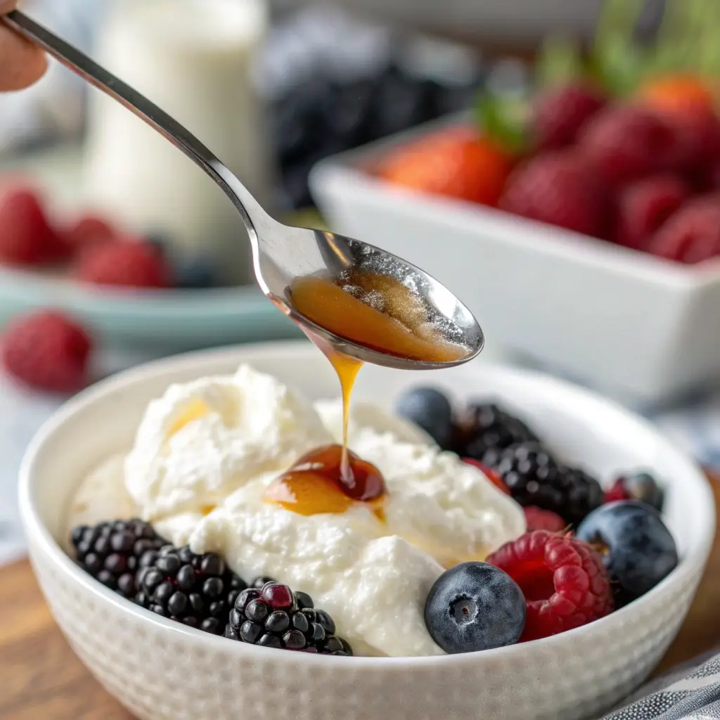 Spoonful of smooth whipped cottage cheese with maple syrup.