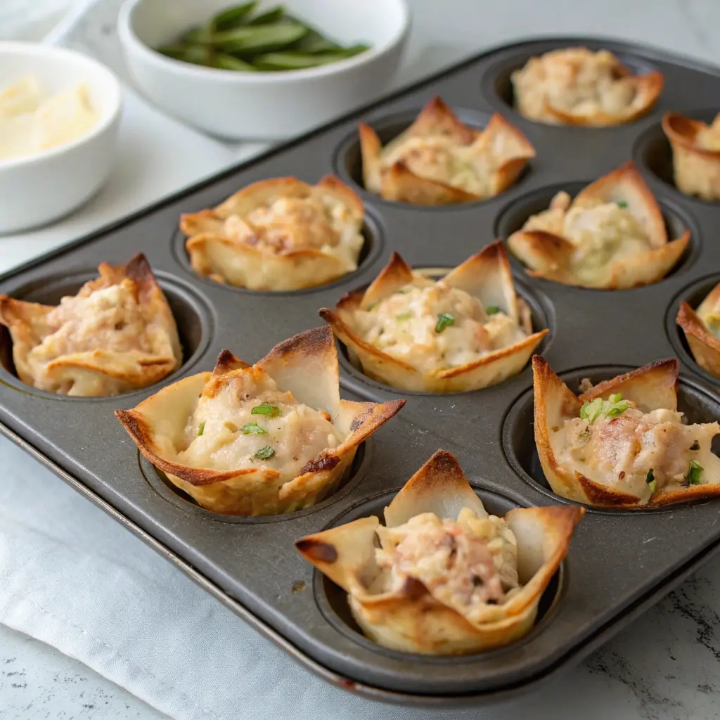Crispy wonton tuna cups baked in a muffin tin.