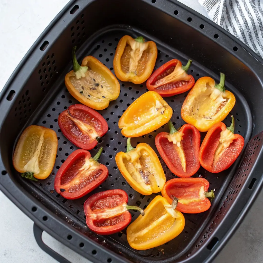 Mini bell peppers arranged in an air fryer basket.