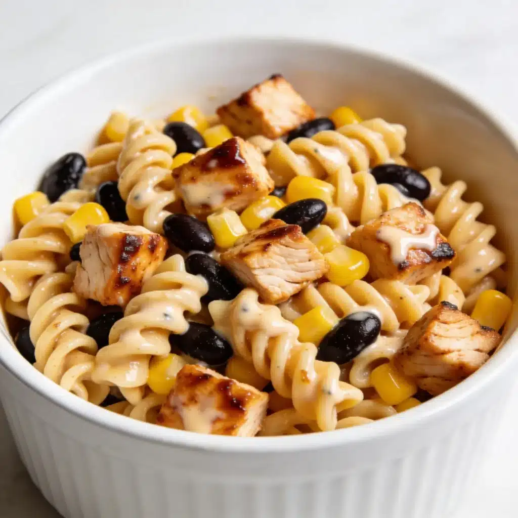 A hybrid variation of the high protein bbq chicken chopped salad using protein pasta.