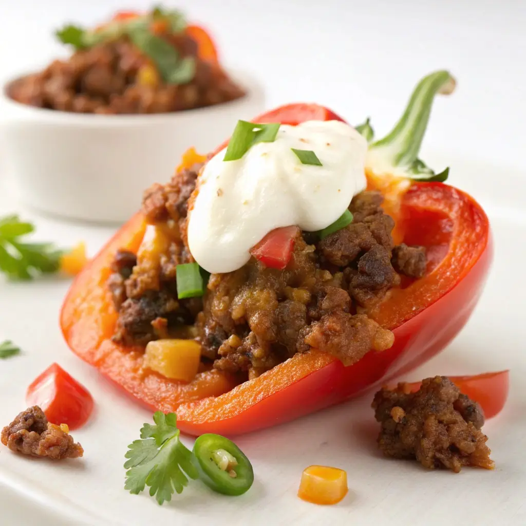 Mini bell pepper half filled with taco meat and cheese.