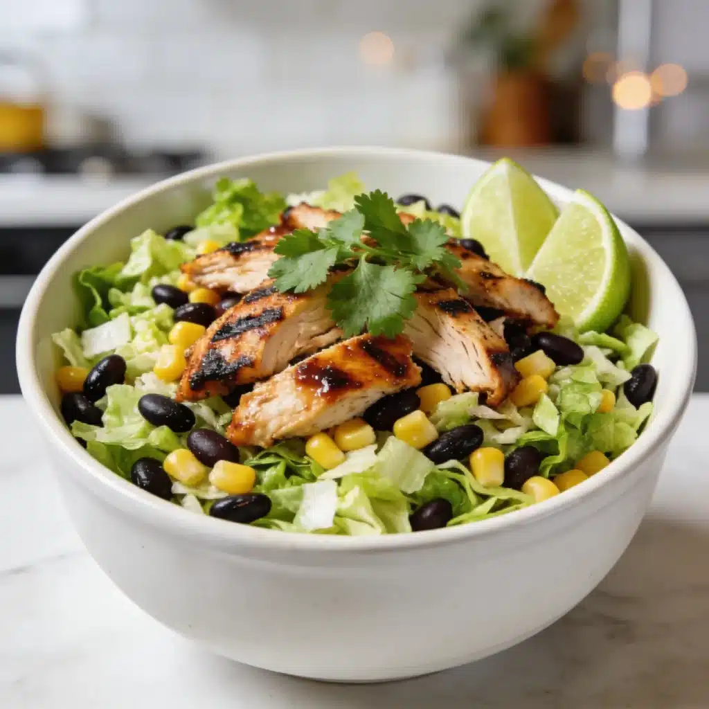 Final presentation of the best bbq chicken chopped salad with cilantro garnish.