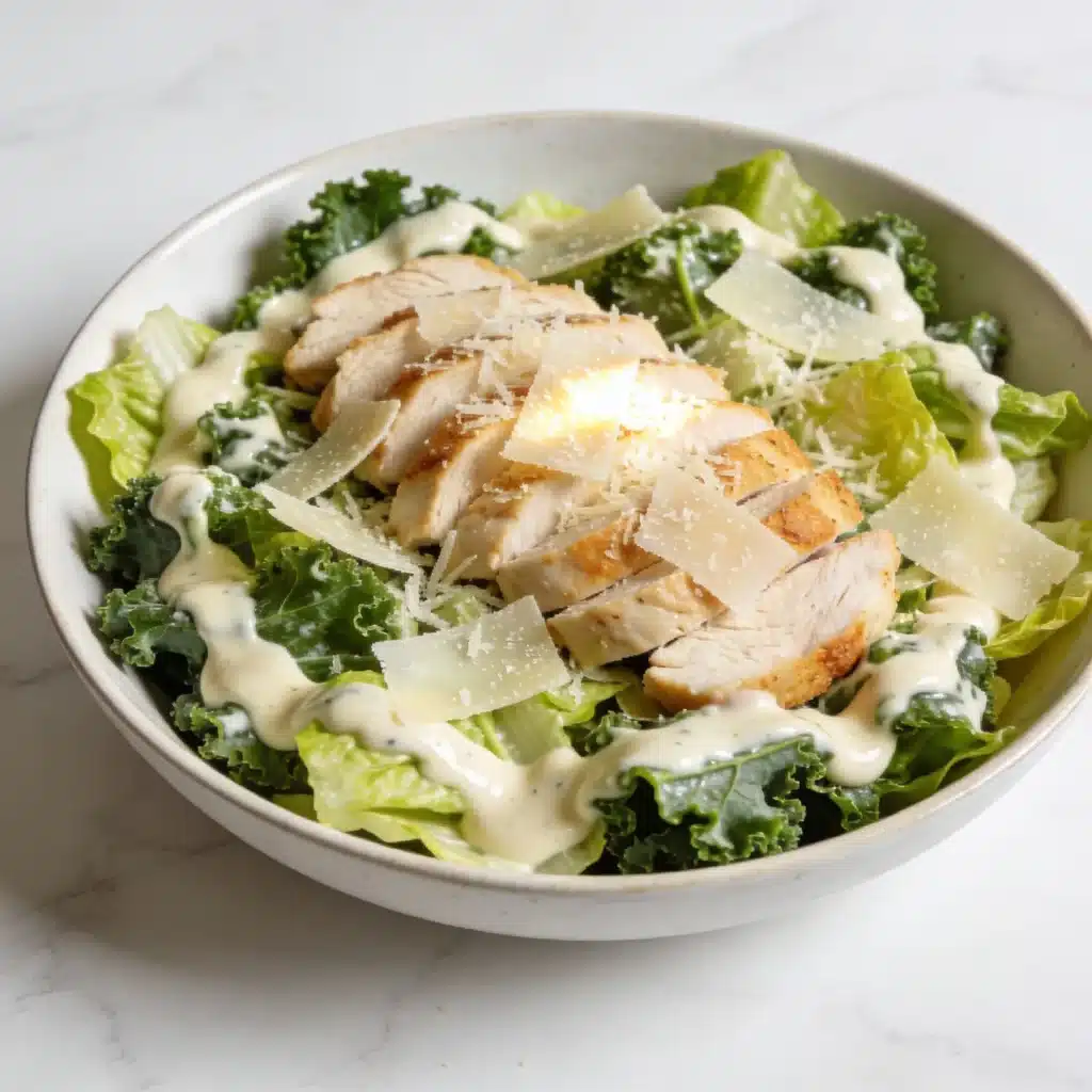 The complete high protein chicken caesar salad ready to eat.
