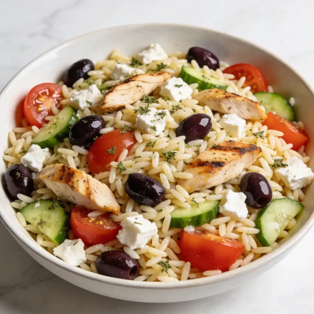 The complete High Protein Greek Orzo Salad ready to eat.