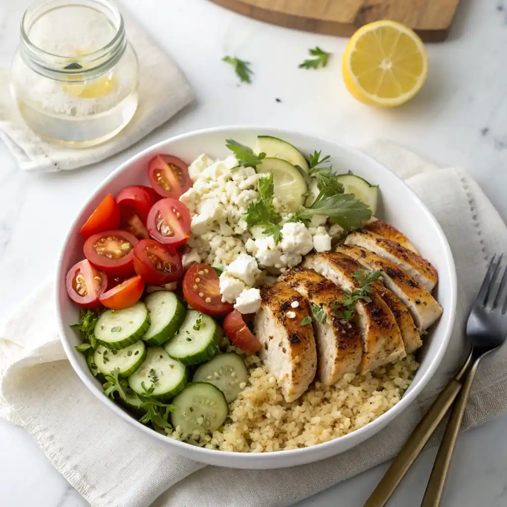 Final presentation of the best Mediterranean Power Bowl for lunch.