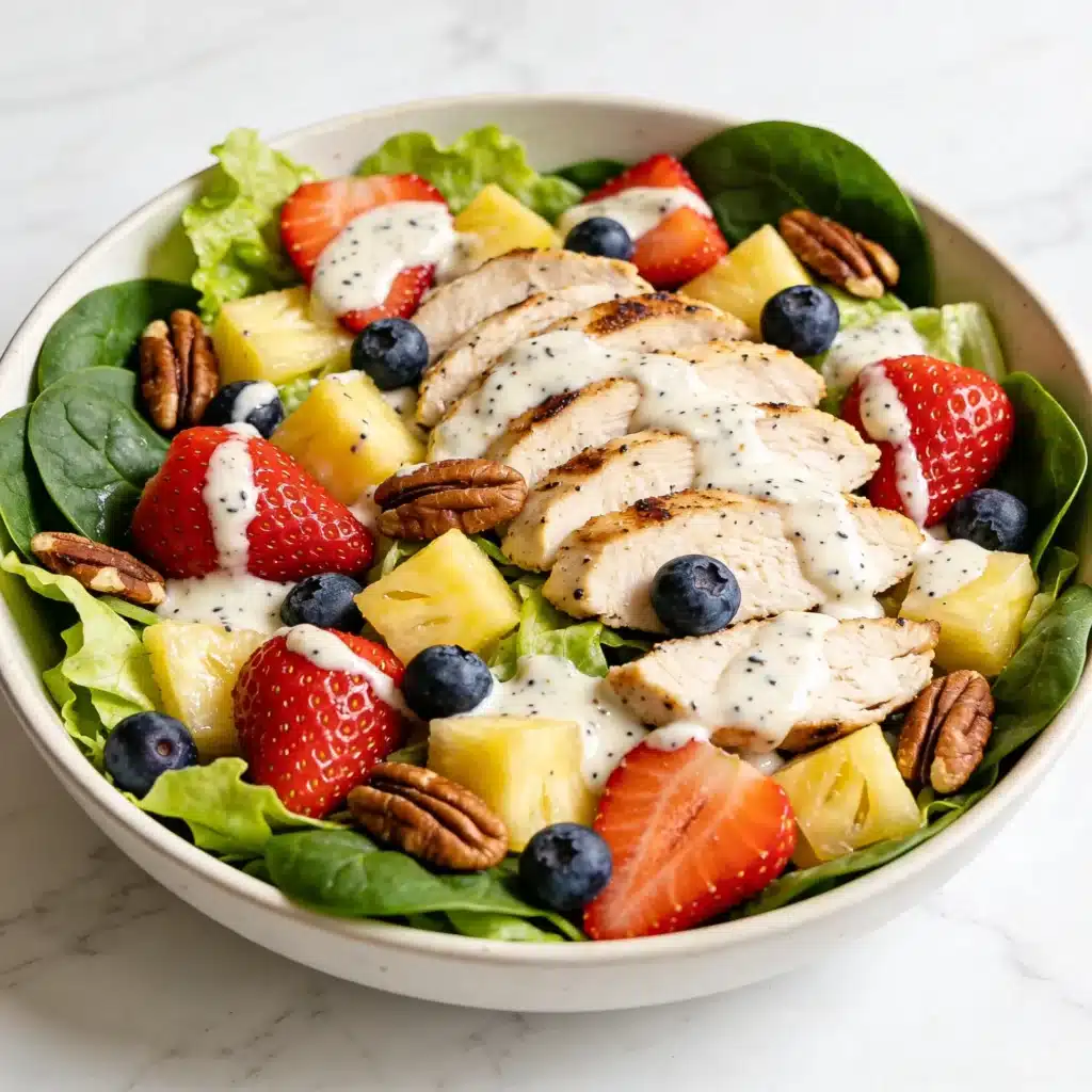 The complete high protein strawberry poppyseed salad ready to eat.