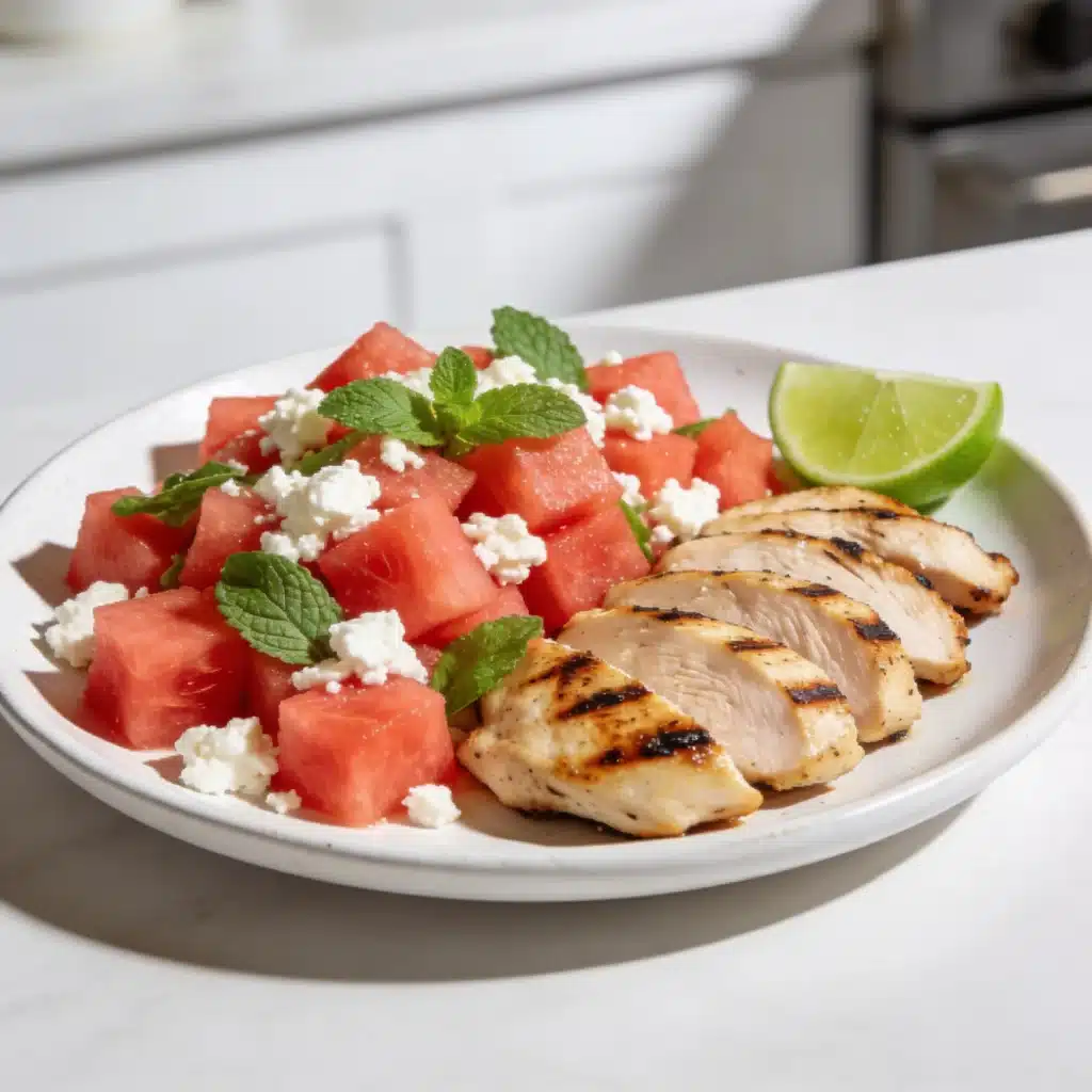 Final presentation of the best watermelon feta salad with chicken.