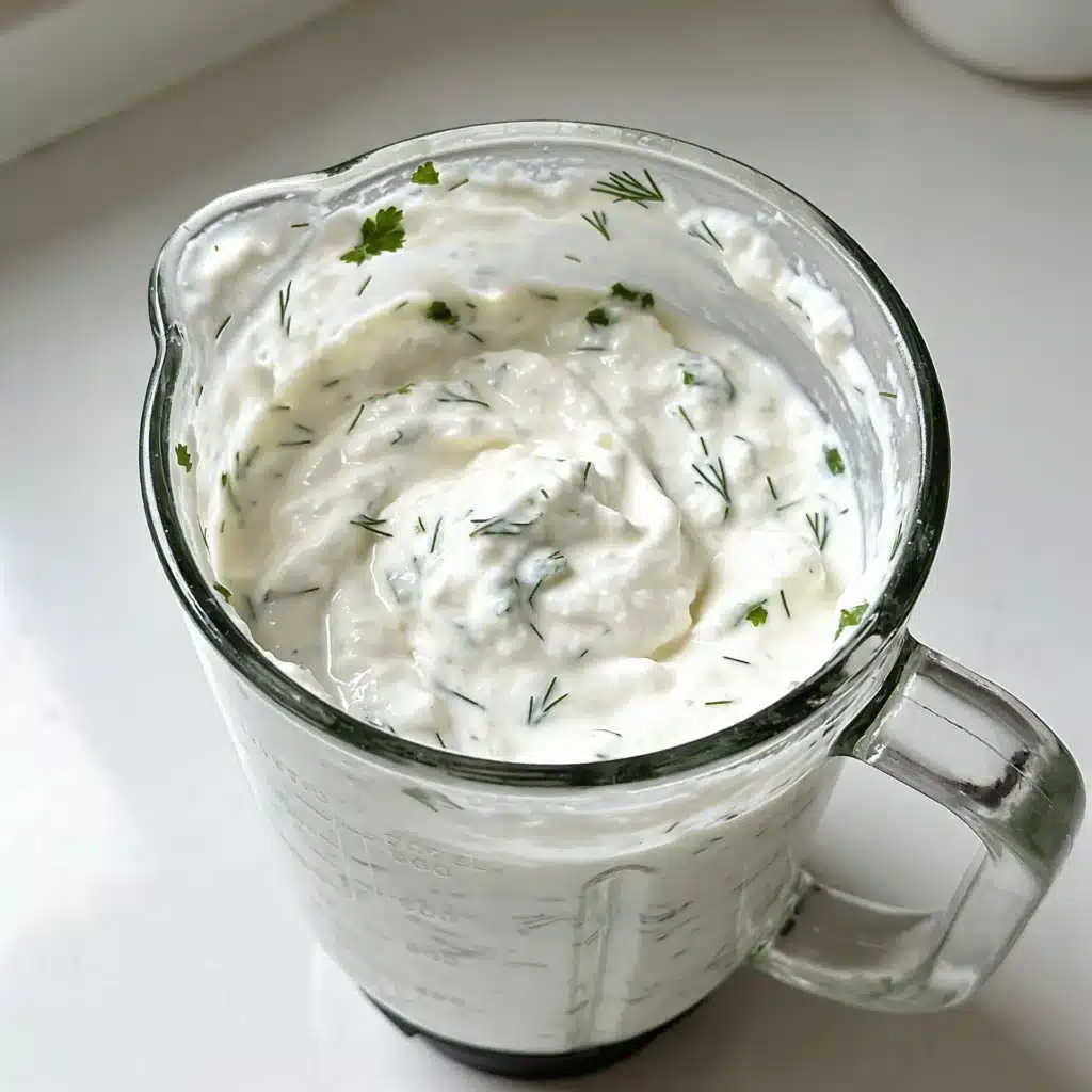Smooth blended cottage cheese ranch dressing in a blender.