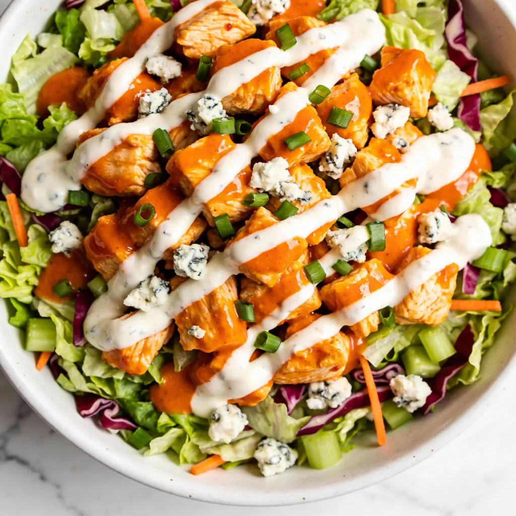 High protein buffalo chicken chopped salad in a large white bowl.