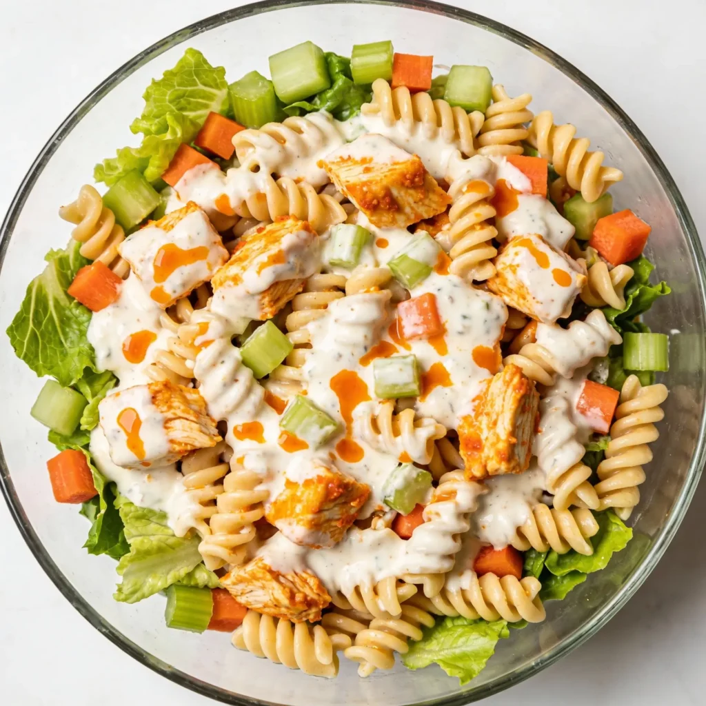 Buffalo chicken chopped salad mixed with chickpea pasta.