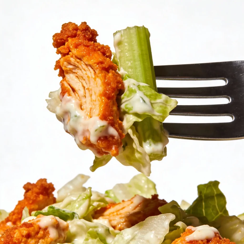Close up of buffalo chicken salad on a fork.