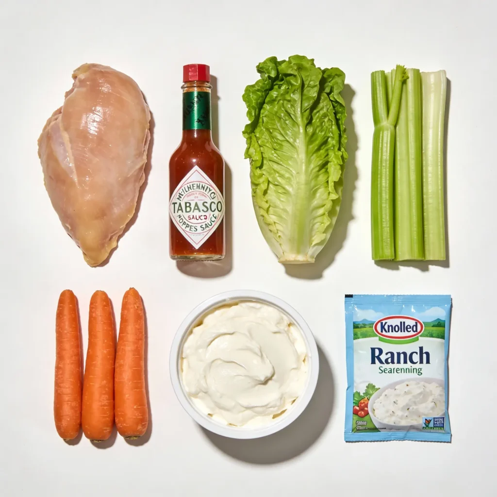 Ingredients for buffalo chicken salad including hot sauce and celery.