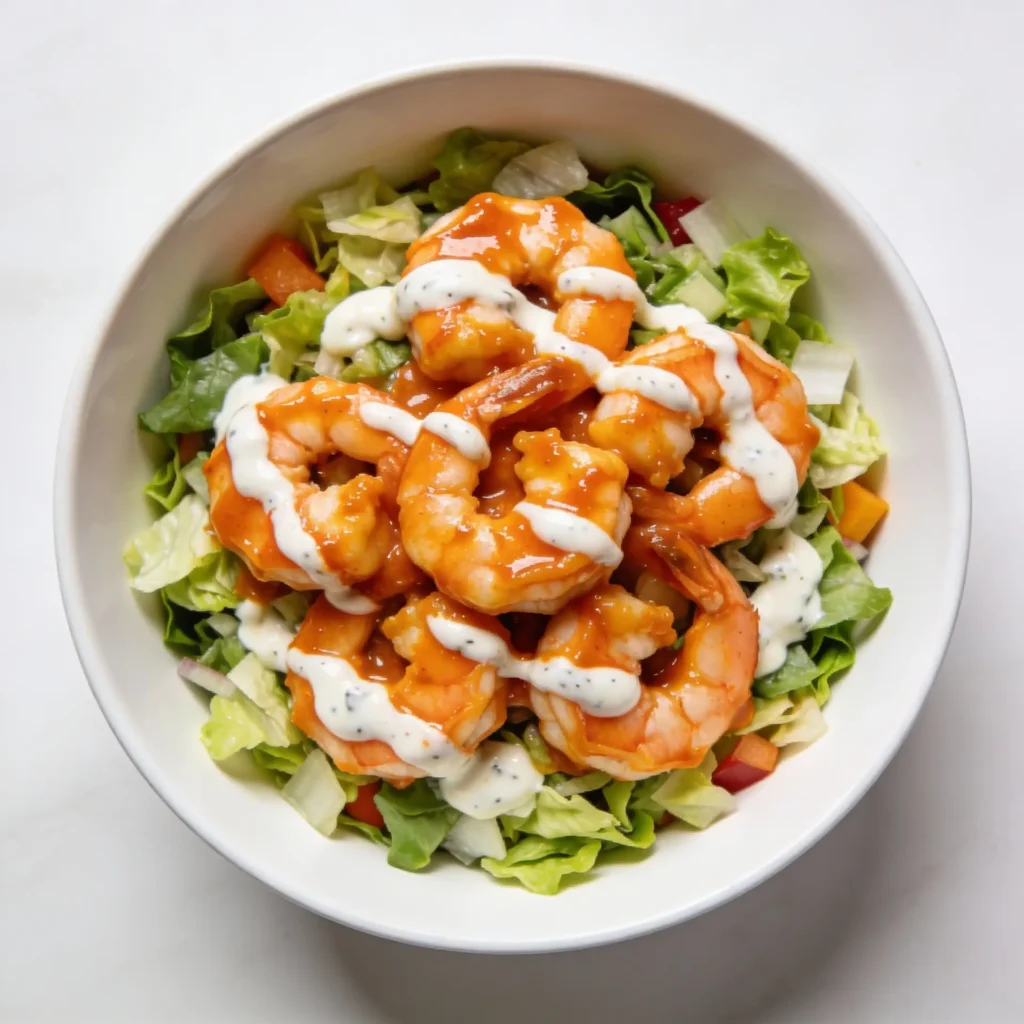 Buffalo shrimp salad with celery and creamy ranch.