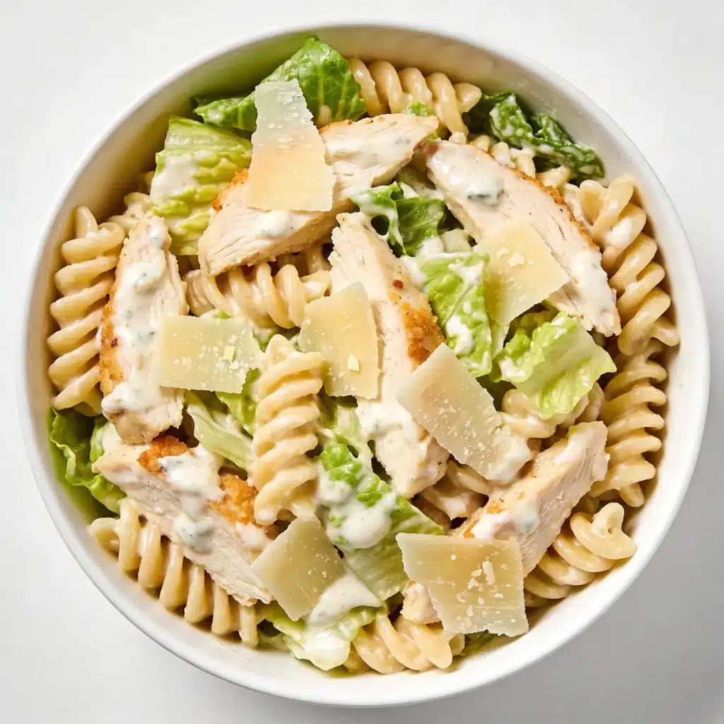 Chicken caesar salad mixed with rotini pasta.