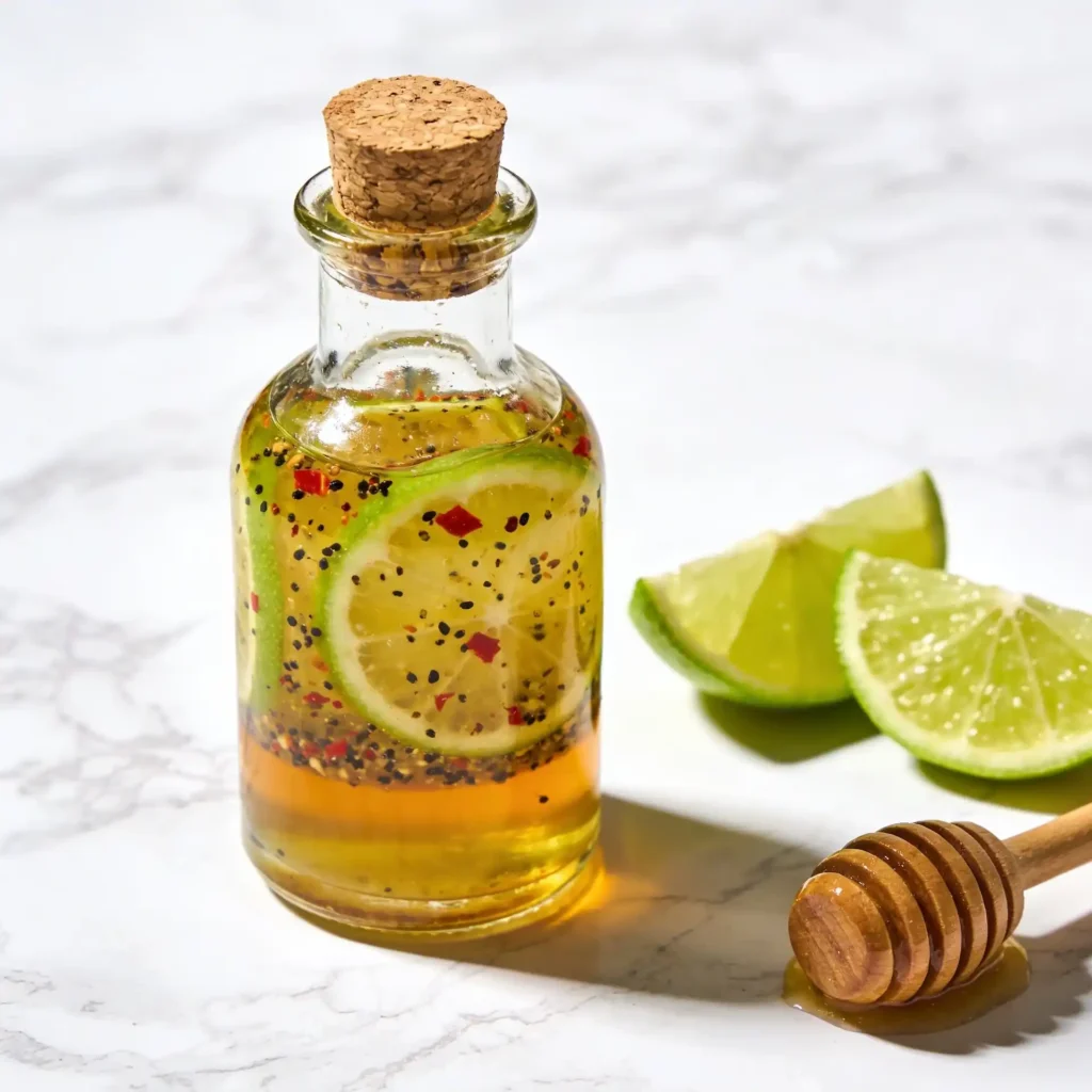 A clear chili lime vinaigrette in a jar for a mango chicken salad.