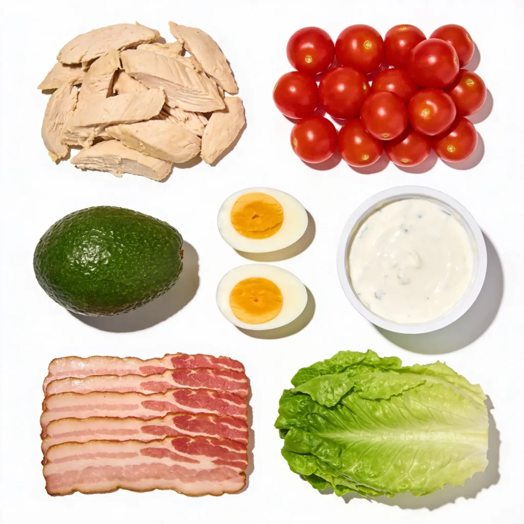 Ingredients for cobb salad including chicken, eggs, and avocado.