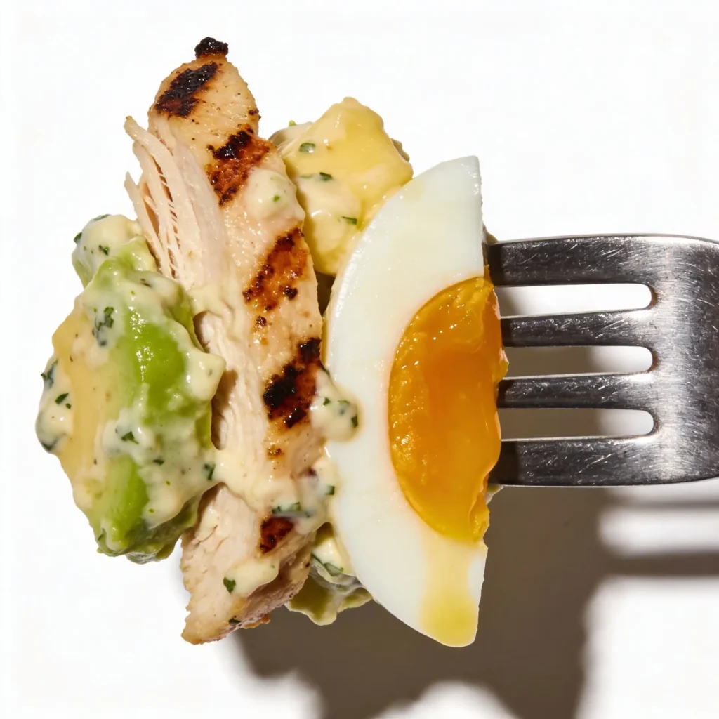 Close up of a fork with chicken, egg, and avocado.