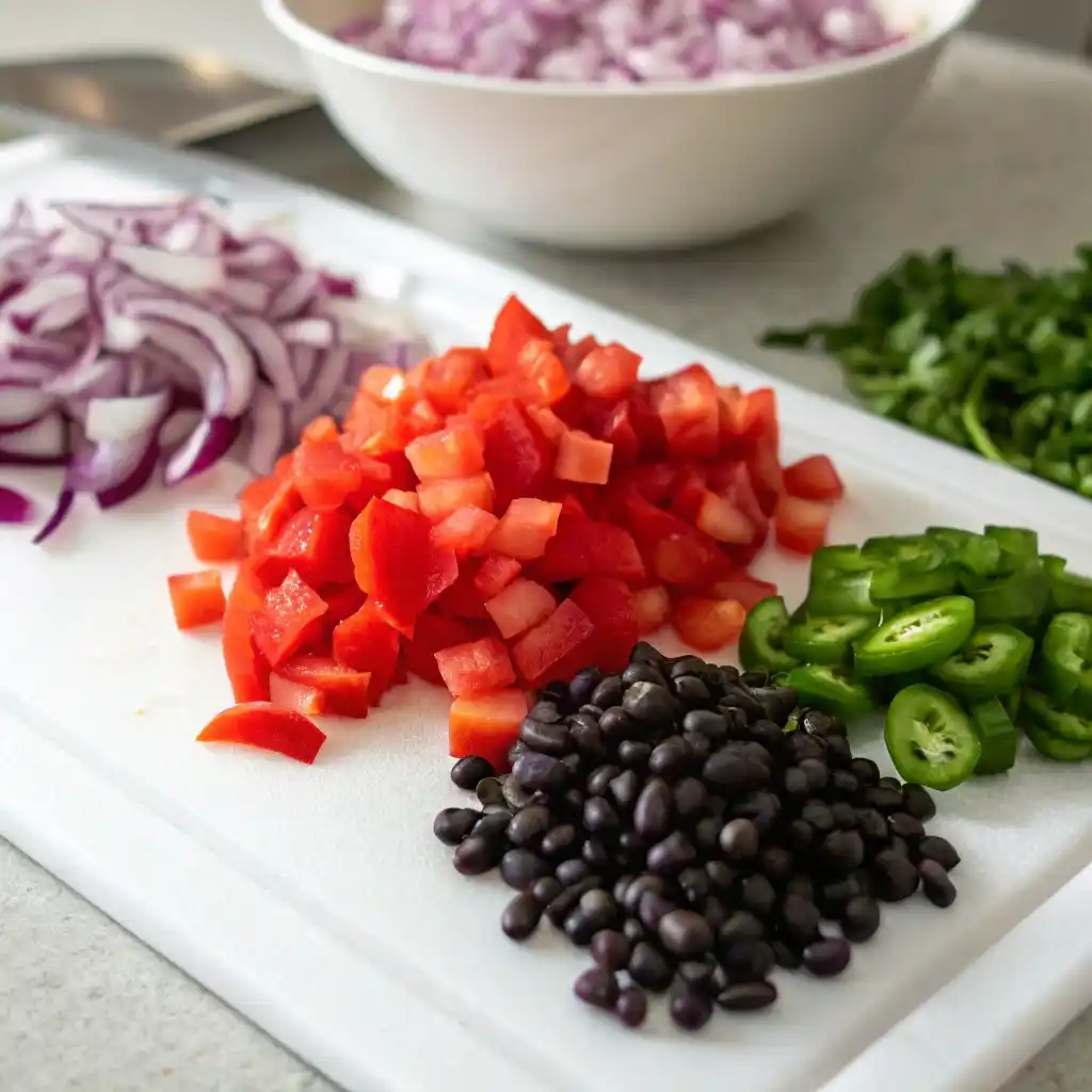 Diced bell peppers and onions illustrating the uniform dice technique.