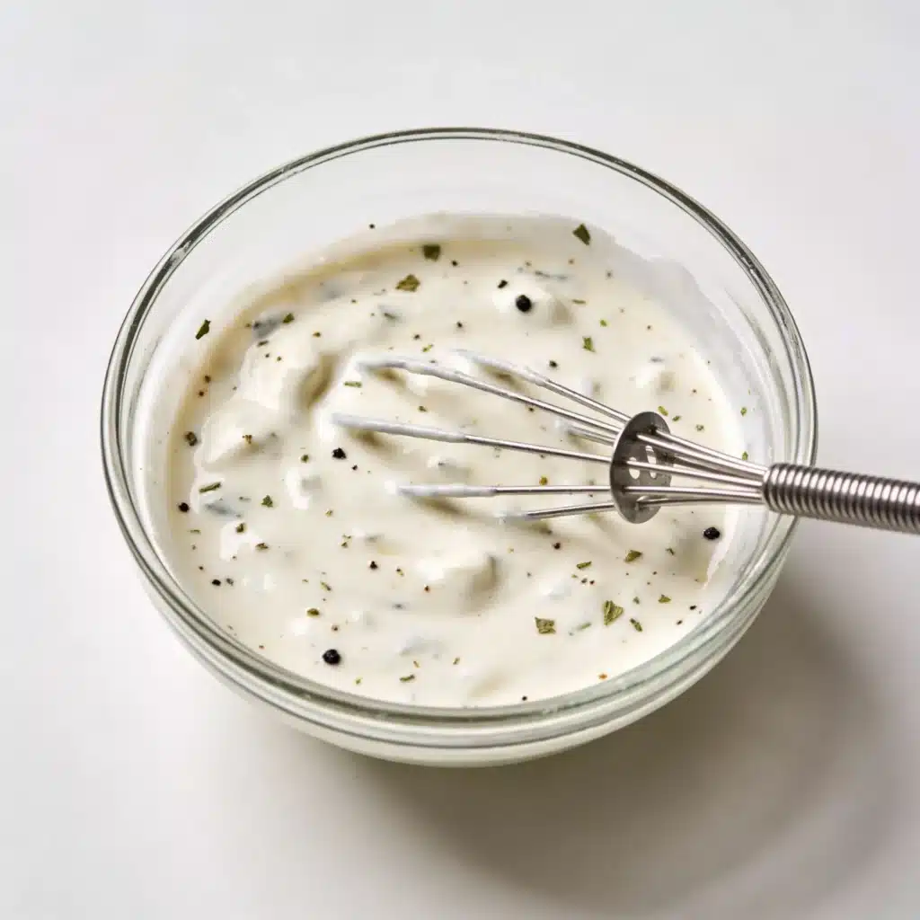 Bowl of creamy greek yogurt lemon dressing.
