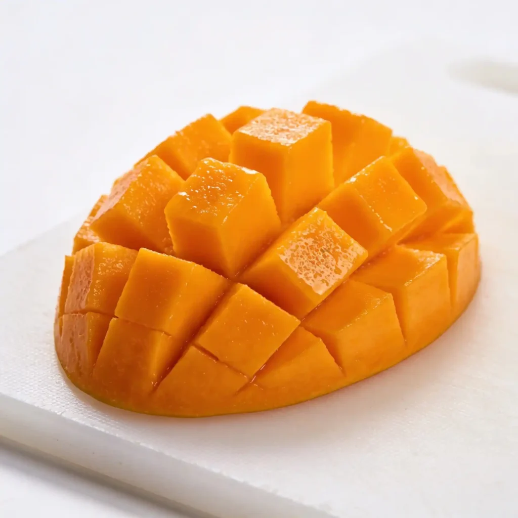 Perfectly diced mango cubes on a white cutting board.
