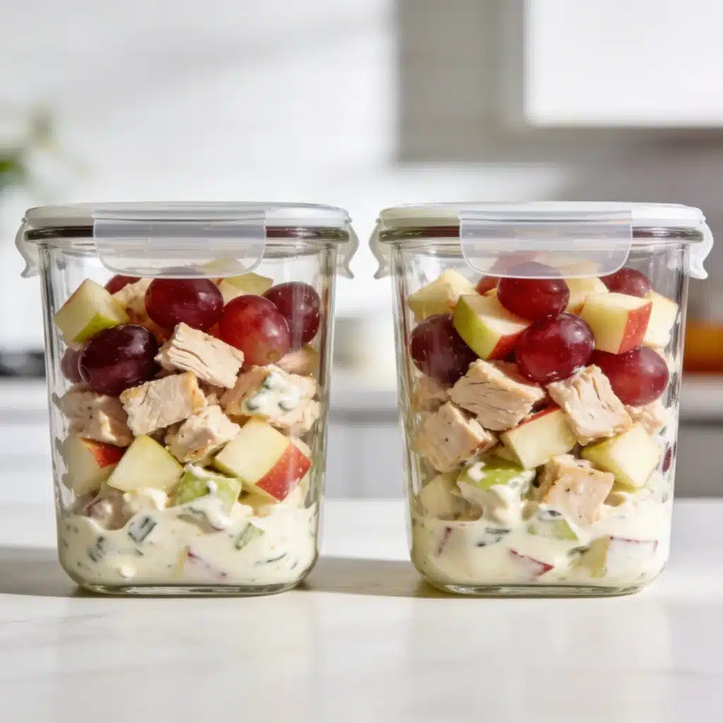 Airtight containers filled with Sonoma chicken salad for easy summer meal prep.