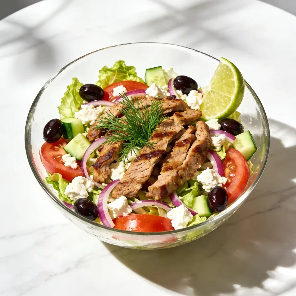 A final plated presentation of the best Greek Gyro Salad.