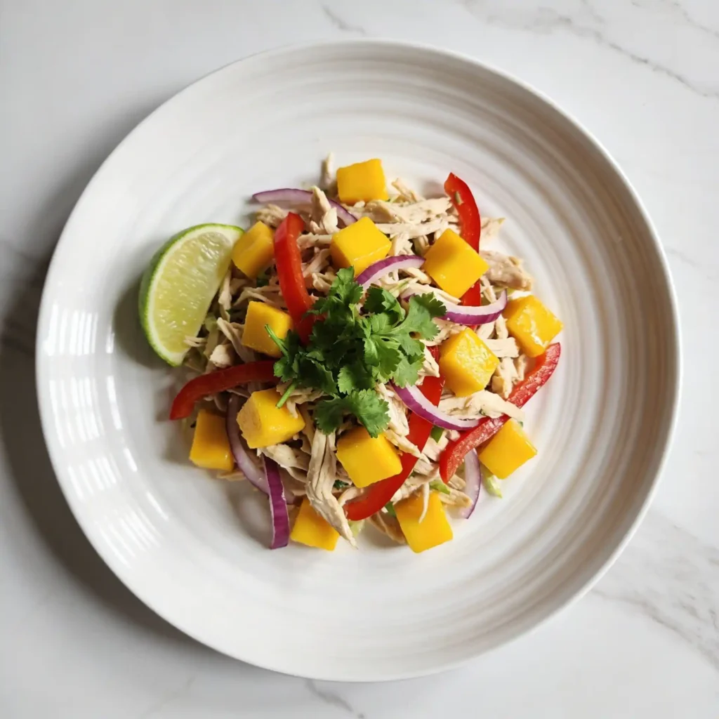A final plated presentation of the healthy mango shredded chicken salad.