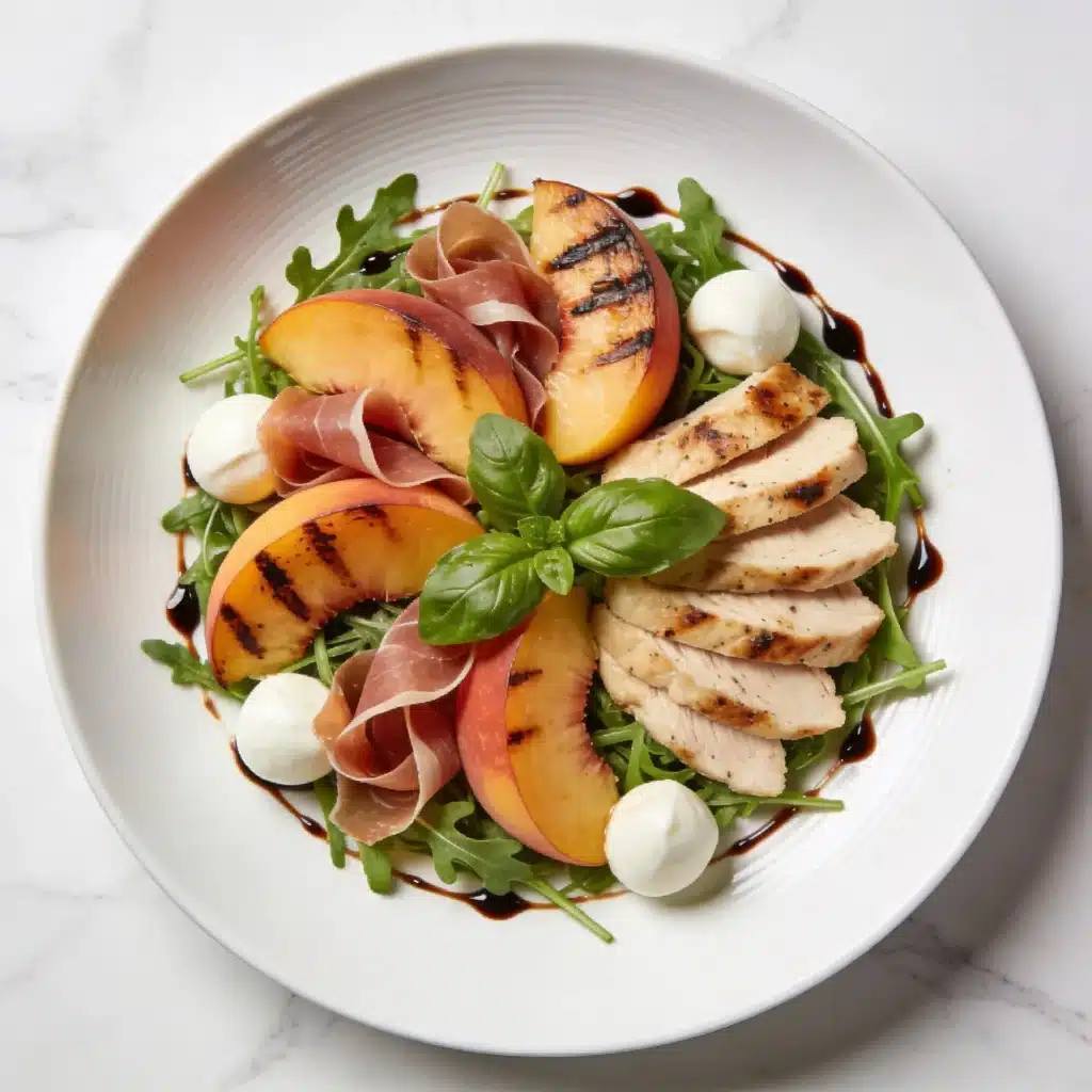 A final plated presentation of the best peach and prosciutto salad.